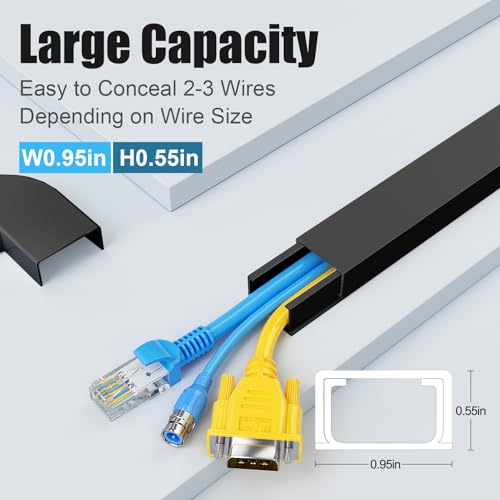 Yecaye Cord Hider, 113in Medium Cord Covers for Wires on Wall, Cord Organizer for 2-3 Wires, Easy Install Cable Management Kit, TV Cable Hider for Home Office, W0.95in H0.55in, Black - color: Black, size: Medium