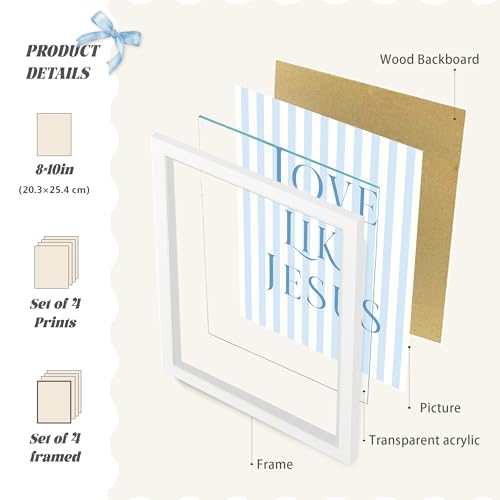 LARTSFRO Coquette Blue Bow Jesus Wall Art Decor Posters, Light Blue Bow Room Bedroom Bathroom Dorm Wall Art Decor Aesthetic for College Teen Girls Gifts, Inspirational Bible Verses Bow Wall Decor, 10x8 Inch Set of 4 Bow Pictures (WHITE FRAMED) - color: Wh