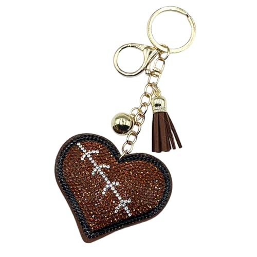Rhinestone Heart Sports Keychain for Women Men, Bling Baseball Football Tennis Volleyball Love Heart Keyring with Tassel - color: Football B
