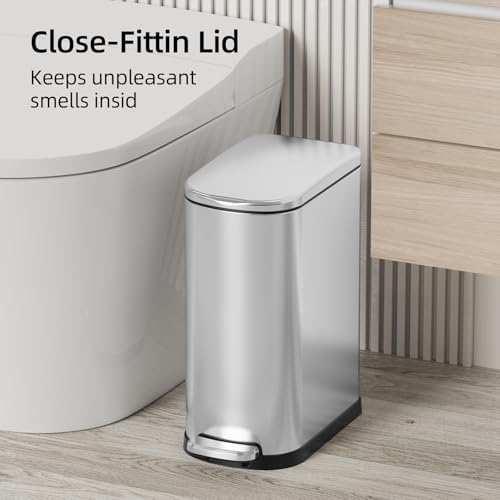 KUK Slim Bathroom Trash Can with Lid, 2.6 Gallon (10 L) Stainless Steel Step Small Garbage Can with Removable Inner Bucket, Soft Close, Anti-Fingerprint Finish (Silver) - color: Silver