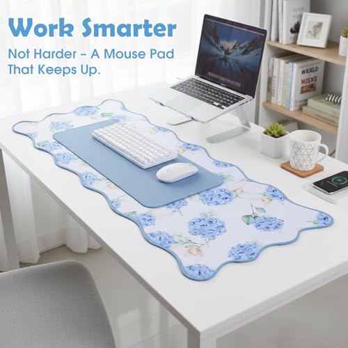 Copkim 1 Pcs Blue Scalloped Hydrangea Desk Mat 31.5 x 11.8 Inch Large Cute Mouse Pad Computer Mat Non Slip Waterproof Rubber Base with Border Stitching Soft Keyboard Pad for Home Office Gaming Makeup - color: Blue, style: Hydrangea
