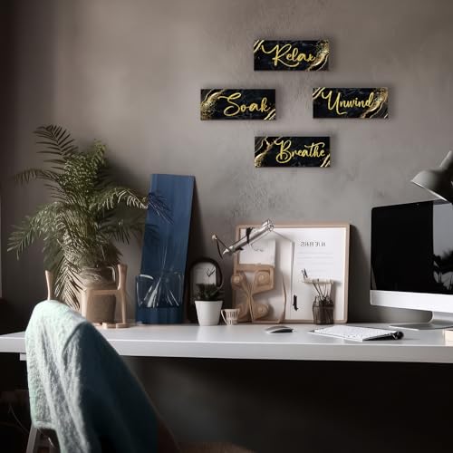ONIZHITY 4 Pcs Black and Gold Bathroom Decor Black Gold Wall Decor Relax Soak Unwind Breathe Wooden Rustic Marble Style Bathroom Accessories for Bedroom Living Room Decor Kitchen(14X5.5) - color: Black Gold, size: 14 X 5.5 Inch