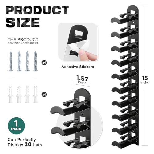 Hat Organizer for Baseball Caps, Hat Rack for Wall Closet Door Hold up to 10 Hats,Hat Holder with Adhesive and 4 Screws, Hat Hanger Cap Holder Hat Hangers for Wall Closet Door Bedroom(1pc,B-Black) - color: 1pc,B-Black