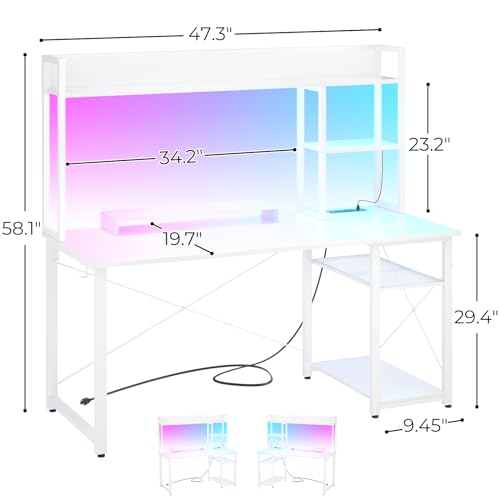 Cyclysio Gaming Desk with Hutch, 47'' Computer Desk with LED Lights & Power Outlets, Home Office Desk with Reversible 5 Tiers Storage Shelves & Monitor Stand, Small Gaming Table for Small Space, White - color: White, size: 47 inch