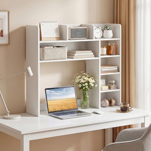 Tangkula Desktop Bookshelf with LED Lights, Desk Hutch with 8 Shelves for Max 25" Monitor, Desktop 5-Tier Display Rack, Multipurpose Wood Desktop Storage Hutch Organizer for Dorm Office Home (White) - color: White, size: 8 Shelves