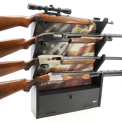 Rush Creek Creations Engineered Wood Gun Rack - Wall Mount Display for 4 Rifles/Shotguns, American Flag Design with Accessory Storage - color: Black