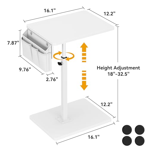 Vagusicc Sofa Armrest Tray Table for Couch, 360° Swivel Height Adjustable TV Tray Table for Small Spaces, Snack Side Table for Couch, Bed, Chair, C Shaped End Side Table for Eating, Reading, Laptop - color: White, style: With Storage Bag