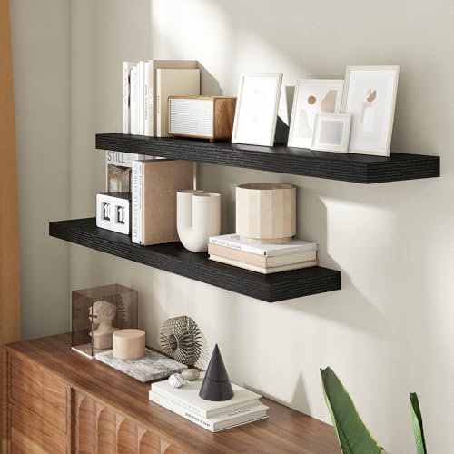 48 Inch Floating Shelves for Wall, 8 Inch Deep Floating Shelf for Storage & Display, Rustic Wall Mounted Shelf with Invisible Brackets for Living Room, Kitchen, Bathroom, Home Decor, Set of 2, Black - color: Black, size: 48 Inch, Set of 2