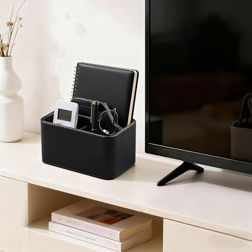 Caddy Organizer with Handle, PU Leather Remote Control Holder Desk Caddy, Portable Makeup Remote Organizer for Table, Nightstand, Office (Black) - color: Black