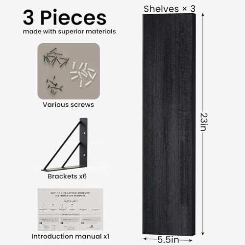 BAYKA Wall Mounted Floating Shelves, Wood Floating Wall Shelf for Books & Decor, Small Space-Saving Display & Organizer(Black,23in,Set of 3) - color: A. Black Board & Black Brackets, size: 23-inch Standard