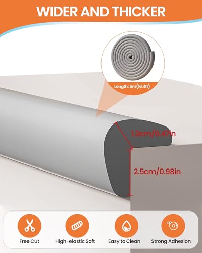 16.4FT L-Shape Baby Corner Protector Guards, Pre-Taped, 0.47''Thick | Edge Safety Bumpers for Furniture & Sharp Table Corners, with 10 Corners, Waterproof Soft Foam Adhesive Guard Cushion, Grey - color: Gray, size: 0.47''Th (16.4ft)