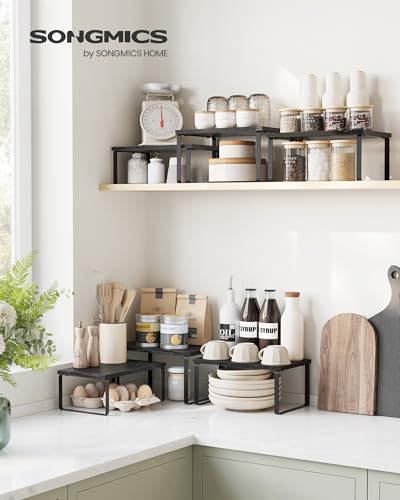 SONGMICS Cabinet Organizer Shelf, Set of 3 Kitchen Counter Shelves, Kitchen Storage, Spice Rack, Stackable, Expandable, Anthracite Gray and Matte Black UKCS220B01 - color: Anthracite Gray + Matte Black