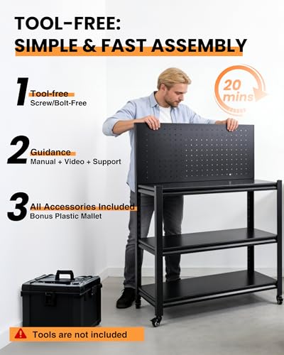 Pterying 52" Rolling Work Table, Adjustable Height Workbench with Lockable Wheels, Pegboard, Heavy Duty Mobile Work Bench for Garage, Tool Workshop, Woodworking and Mechanics