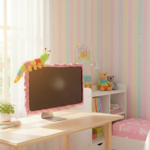 32" Lovely Cute Caterpillar Computer Monitor Cover with Elastic, TV LCD Screen Monitor Decoration Dust Cover Protector, Pink