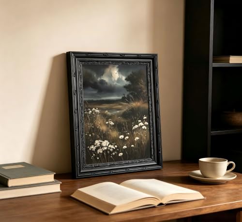 Dark Moody Landscape Framed Wall Art, Vintage Gothic Wildflower Meadow Canvas Print with Ornate Black Carved Frame, Dark Academia Aesthetic Wall Decor for Bedroom Living Room Halloween - color: Landscape, size: 16"L x 12"W