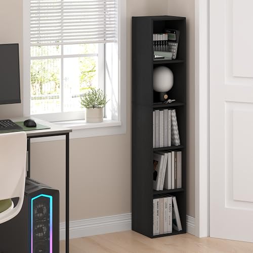 Furinno Fulda Book Shelf, 5-Tier Tall Narrow Bookshelf, Standing Bookcase with 10-in Width Storage Shelf, 9.3 x 9.8 x 51.9, for Organization Storage, for Living Room, Bedroom, Home Office, Blackwood - color: Blackwood, size: 5-Tier, 10W