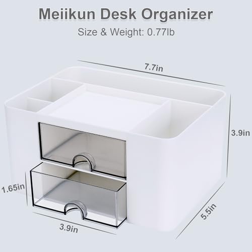 Meiikun Plastic Pen Organizer, Multifunctional Desk Organizer with 2 Drawers, 4 Compartments & a Top Tray, Pencil Holder Desktop Organizers and Accessories for Office, 7.7" x 5.5" x 3.9" (White) - color: 5 Compartments + 2 Drawer (White)