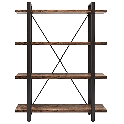 4 Tier Bookshelf Solid Wood Bookcase and Book Shelves Wood and Metal Shelving Rustic Open Bookshelf Office,Distressed Brown (AY-02-4Tier) - size: 4Tier