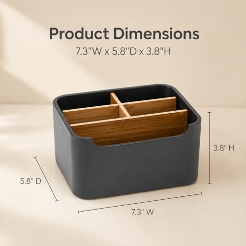 Remote Control Holder, Desk Organizer with Removable Dividers,Black | 5-compartment resin and wood organizer holds remotes, pens, glasses, and media devices for desk, coffee table, or nightstand - color: BLACK, size: 1 Pack