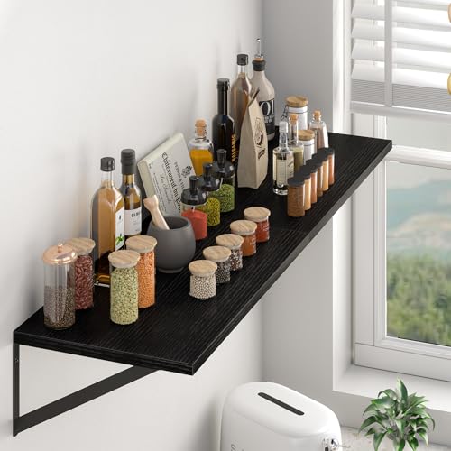 Heimlove Black Deep Floating Shelves for Wall, 20W x 12D Wood Wall Shelves Set of 2, Wide Floating Bookshelf for Living Room, Kitchen, Office, Bedroom and Decor Storage, with Metal Bracket - Black - color: Black With Black Metal Bracket, size: 20wx12dx5.8