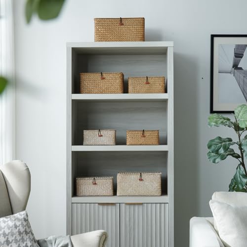 4 Pack, Wicker Baskets with Lids, Nautral Seagrass Storage Baskets, Woven Rectangular Basket Bins, Rattan Storage Organizer for Shelf (Whitewashed, Set of 4) - color: Whitewashed, size: Set of 4