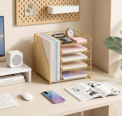 OPNICE 5-Tier Desktop File Paper Organizer, Desk Organizers and Accessories, Office Desk Accessories & Workspace Organizers for Home Office Supplies, Gold - color: Gold, size: 12.2" x 12.2" x 11"