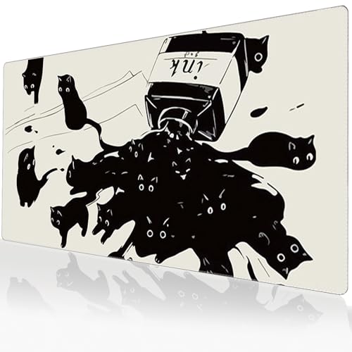 Gaming Mouse Pad XXL Extended Anime Mouse Pad 31.5x15.7inch, Large Cute Kawaii Big Computer Mouse Mat Desk Pad with Non-Slip Rubber Base and Stitched Edge for Home Office-Black Ink Cat - color: Black Ink Cat, size: 31.5L x 15.7W inches