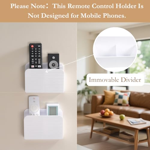 LINFIDITE 2 Pack Adhesive TV Remote Control Holder Wall Mount TV Remote Holder For Bedside Wall Remote Control Caddy Storage Organizer Stand Box (For 2 Or 4 Remote Controls – White ) - color: White, size: 2 Pcs Fxed Dividers