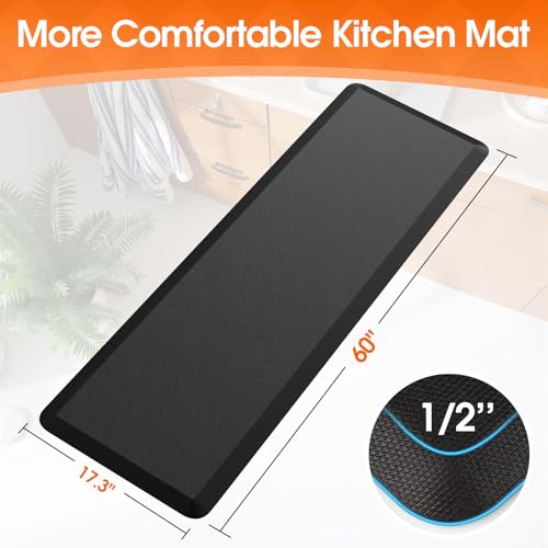 Kitchen Mat for Floor, Anti-Fatigue Rug, 17.3''x60'', Black | Thick Floor Comfort Anti-Fatigue Mat, Non-Slip, Water Resistant, Stain Resistant, Easy Clean, for Kitchen, Sink, Office,Home - color: Black, size: 60"L x 17.3"W x 0.5"Th