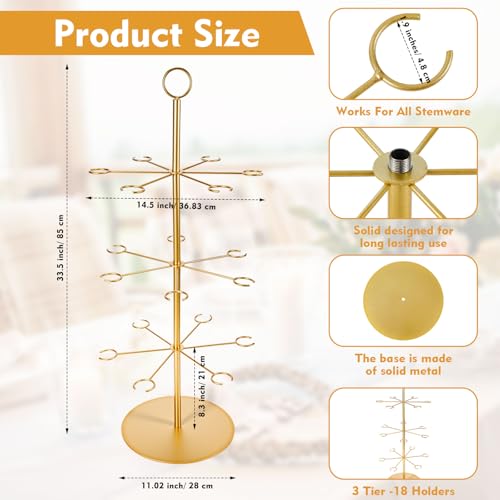 Cocktail Tree Stand for Drinks Wine Champagne Glass Tower for Parties, 3 Tiers 18 Holders Bar Wedding Metal Wine Glass Display Holder for Martinis Margarita Cups(Gold,Round Bottom,1 Pcs) - color: Gold