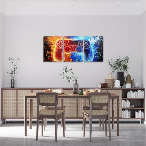 Feelyou Gamepad Canvas Wall Art for Living Room Wall Decor for Bedroom Bathroom Modern Gamer Paintings Modern 3 Piece Framed Canvas Art Prints Ready to Hang Fire Water Video Gamer Pictures Home Decor - color: Black Red Blue
