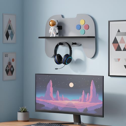 Game Room Decor Gaming Floating Shelf, Gray Controller Wall Shelf | Controller shaped wall shelf with hooks for headset, gamepad and collectibles; adds gaming style to bedrooms and game rooms - color: Grey