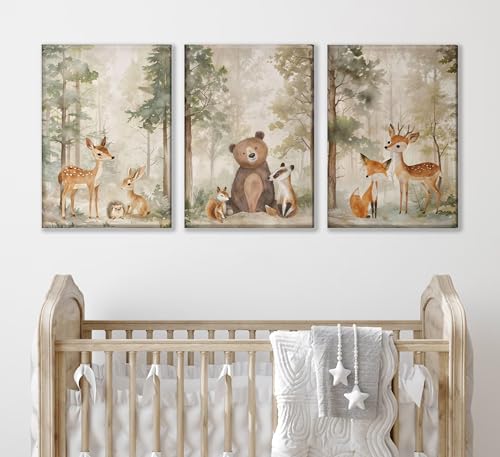 MIZILI 3Pcs Woodland Animal Nursery Canvas wall art Wild Animals Forest Paintings Pictures Wall Decor Fox Bear Deer Watercolor Poster Printing Artwork for Boys Room Girls Room Home Decoration - color: Woodland-canvas, size: 24"L x 16"W