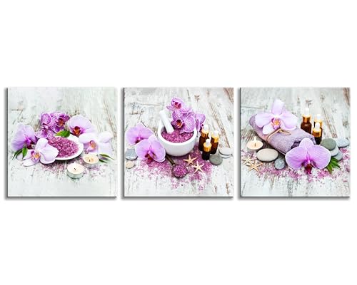 NAN Wind 3Pcs Purple Zen Orchid Flowers Lavender Spa Canvas Prints Art Zen Floral Wall Art Aromatherapy Bath Salts Decor for Home Purple Ready to Hang Canvas Art for Relaxation Wellness Spaces - color: Spa&Orchid, size: 14X14inchX3pcs