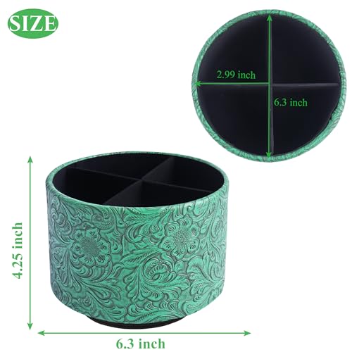 lizimandu Round Leather Art Supply Organizer,Remote Control Holder,360 Degree Spinning,Multi-Functional Pencil Holder,4 Compartments Desktop Stationary Organizer(1-Carved Green) - color: 1-Carved Green