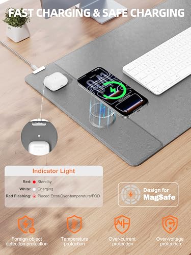 TopMade Mouse Pad with 15W Wireless Charging, XXL Large Leather Desk Mat, Waterproof Gaming Mousepad Home Office Desk Pad Protector, Computer Keyboard Pad, Mouse Mat for MacBook, PC, Laptop, Gray - color: Gray
