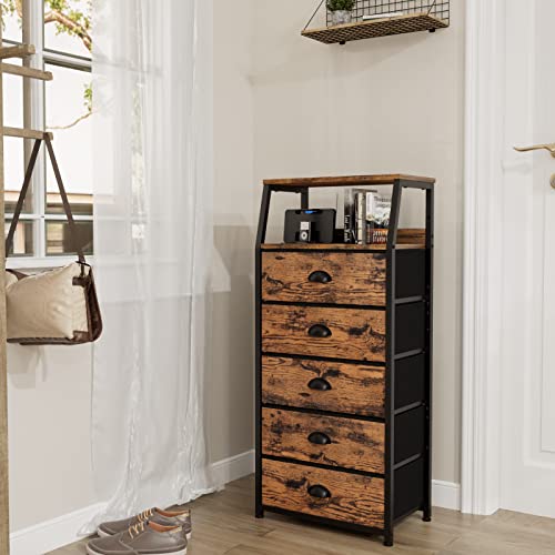 Furnulem Dresser for Bedroom, 5 Drawers Tall Nightstand, Chest of Drawers | Rustic Brown Dresser for Closet, Bedside Table with Fabric Drawer, Metal Frame, Wood Top, Easy Assembly for Dorm, Living Room - color: Rustic Brown, style: 5 Drawers