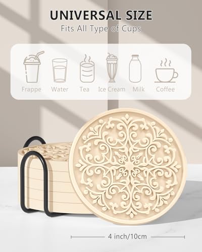 Drink Coasters, Coasters Set of 6 for Cup with Holder, Non-Slip Silicone Cup Mats for Hot and Cold Drinks, Cute Absorbent Coffee Bar Accessories Table Decor, Apricot - color: Apricot