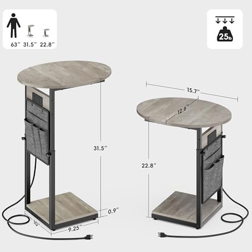 Vagusicc C Shaped End Table with Charging Station, 32" Tall Side Table for Couch and Recliner, Adjustable Height Small Couch Side Table Slide Under Sofa TV Tray Table for Living Room, Bedroom, Greige - color: Greige, style: Charging Station