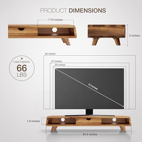 TINAMO Acacia Wood Monitor Stand with Drawer - Wooden Monitor Riser for Desk - Computer Monitor Stand for Desk - Multi-Purpose Desktop Storage Stand for Computer; Laptop; Printer; TV - 24.4 " x 8" x 5" (Patented)