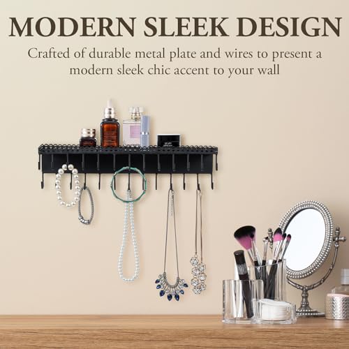 MyGift 15 Inch Wall Mounted Matte Black Metal Jewelry Organizer & Display Shelf with Vintage Lace Design, Hanging Perfume Storage and 26 Hook Necklace Hangers - color: Matte Black-Set of 1