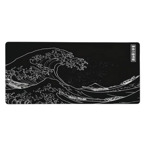 Japanese Gaming Mouse Pad XXL Black Mouse Pad Kanagawa Large Mousepad Non-Slip Rubber Base Waterproof with Stitched Edges for Gaming Office Home, 35.4x15.7x0.12 Inch (Black Wave) - color: Kanagawa Wave, size: 35.4Lx15.7W inches