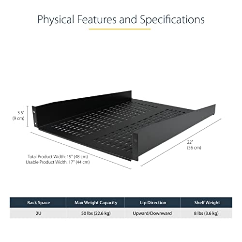 StarTech.com 2U Server Rack Shelf - Universal Vented Rack Mount Cantilever Tray for 19" Network Equipment Rack & Cabinet - Heavy Duty Steel - Weight Capacity 50lb/23kg - 22" Deep Shelf (CABSHELF22V) - size: 22"