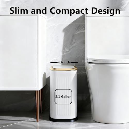 TIPGO Bathroom Trash Can with Lid, 2.1 Gallon / 8 Liter Small Garbage Can, Press Top Bin, Stainless Steel Wastebasket with Pop-Up Lid for Bedroom, Living Room, Office (White) - color: White