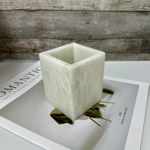 Natural Marble Pen Holder, 2.95" x 3.74" Square Hand-Polished Desk Pencil Cup, Multi-Functional Marble Organizer for Makeup Brushes, Kitchen Utensils, Office, Bathroom, Home Decor - color: White