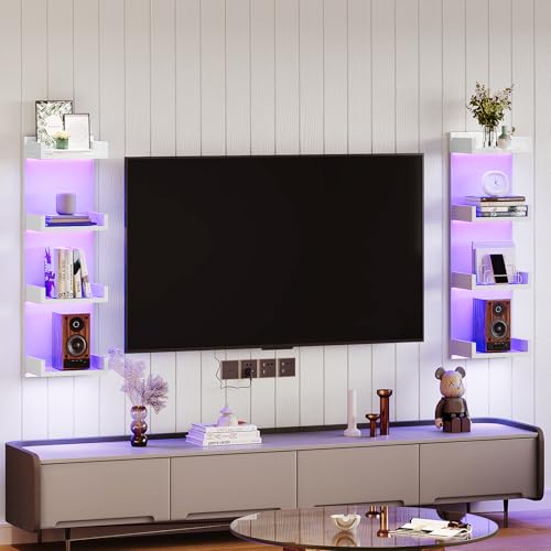 HOOBRO Floating Wall Shelves with LED Lights, Floating Shelf Wall Mounted for Storage, Vertical Display Stand, Modern Column Rack, for Bedroom, Livingroom, 4-Tier, 35.4 Inches, White, WT41DBJ01 - color: White, size: 35.4 Inches