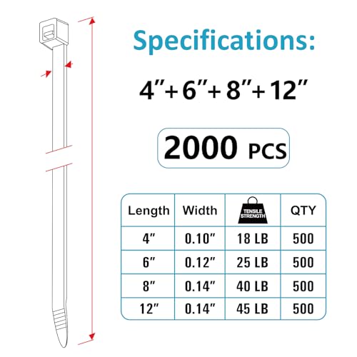 Zip Ties Assorted Sizes(4”+6”+8”+12”), 2000 Pack, Black Cable Ties, UV Resistant Wire Ties by ANOSON - size: 4+6+8+12 (2000 Pack)