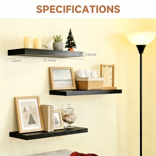 Easy Install Wall Shelves, 15.6 Inch Wall Mounted Wood Floating Wall Shelves, Set of 3, Small Wall Shelves for Storage and Wall Decor, Living Room, Kitchen, Office, Corner Shelf for Bathroom, Black - color: Black Floating, size: 15.6 Inch