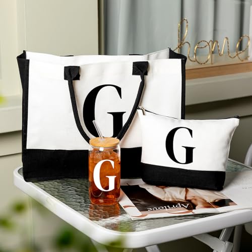 Aliceset Initial Gifts for Women Monogram Canvas Tote Bag and Makeup with Zipper and Initial Glass Coffee Cup Gifts for Her - style: Letter G