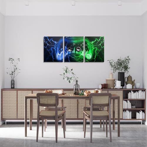 Feelyou Kids Gamer Canvas Wall Art for Living Room 12"x16" 3 Piece Gaming Picture Wall Decor Green Blue Game Controller Office Wall Decorations Artwork Posters Lightning Geometric Square Wall Painting - color: Green and Blue Black1